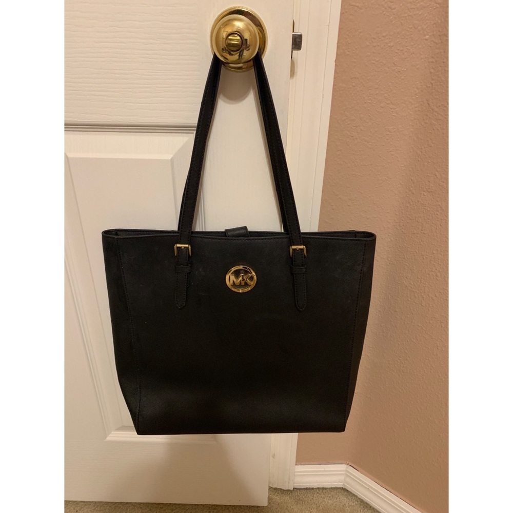 Black Michael Kors Hard Leather Tote.